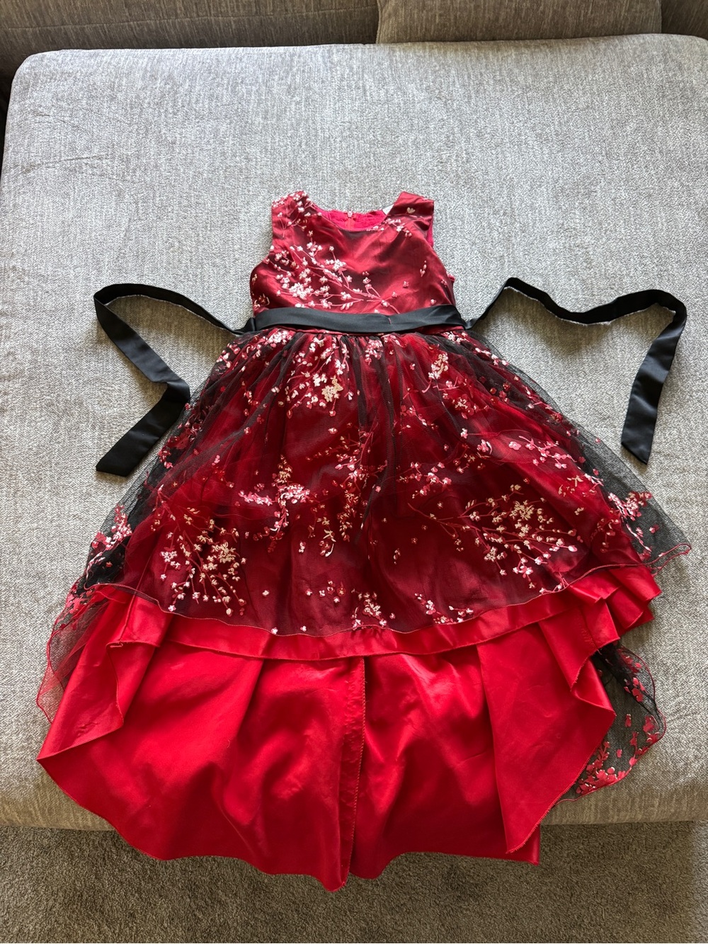 Red Floral Tulle Party Dress with Black Sash